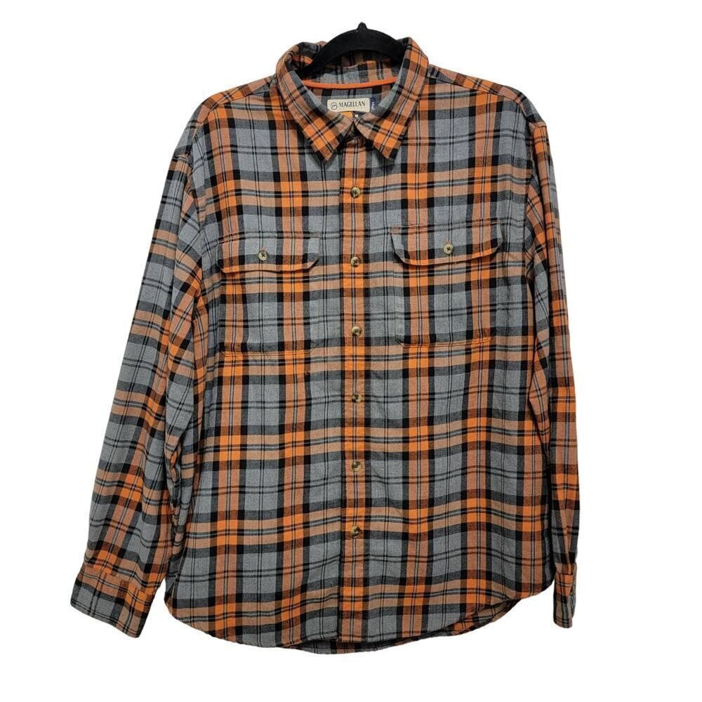 Magellan Outdoors Plaid Short Sleeve Tee Black Orange Size M Cabincore